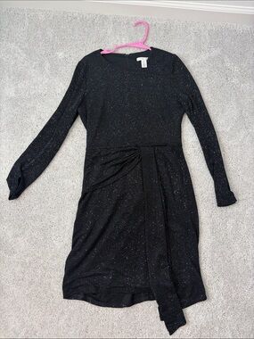 London Times Black Glitter Long-Sleeve Wrap-Detail Dress